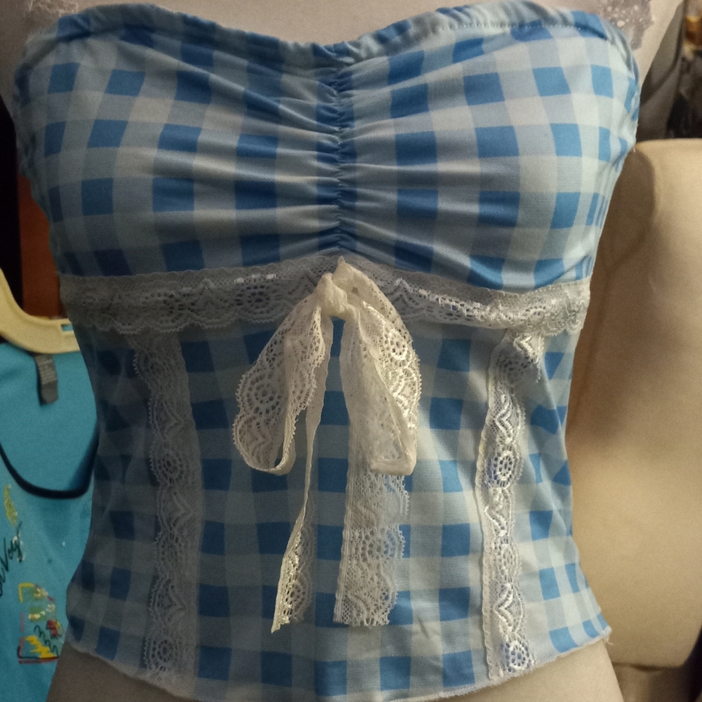 New,blue& white plaid y2k gingham empire waist top,lace stretch straps size med.